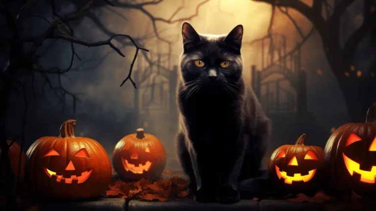 Capture the Halloween spirit with this 4K wallpaper. Featuring an AI-generated scene of a black cat and pumpkins, this image is the perfect choice for your high-resolution desktop background during the spooky holiday season.