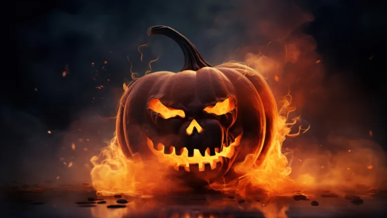 Ignite the Halloween spirit with this captivating 4K wallpaper, showcasing an AI-generated burning pumpkin. It's the ideal choice for your high-resolution desktop background during the spooky holiday season.