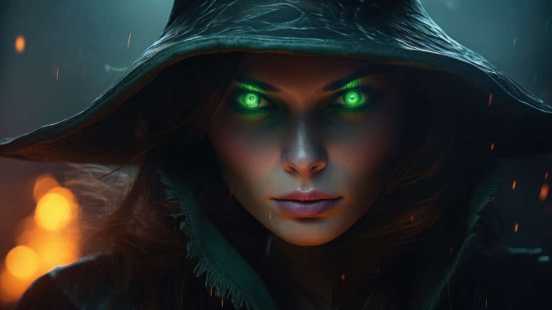 Get a close-up view of this eerie green-eyed witch in this 4K wallpaper, created through AI. Perfect for your high-resolution desktop background during the spooky holiday season.