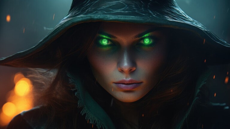 Get a close-up view of this eerie green-eyed witch in this 4K wallpaper, created through AI. Perfect for your high-resolution desktop background during the spooky holiday season.