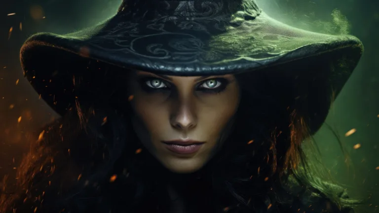 Get an up-close look at this bewitching witch portrait in this 4K wallpaper, crafted through AI. Perfect for your high-resolution desktop background during the spooky holiday season.