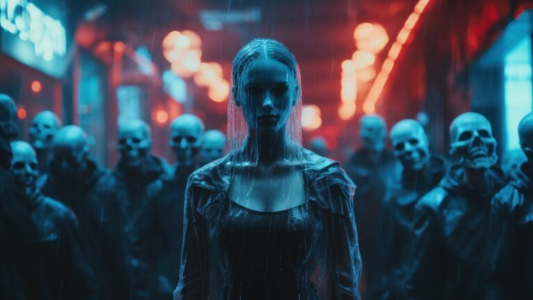 Dive into a unique fusion of Halloween and cyberpunk in this 4K wallpaper, brought to life through AI. An ideal choice for your high-resolution desktop background during the spooky holiday season.