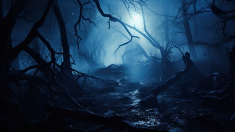 Step into the chilling world of Halloween with this captivating 4K wallpaper. Featuring AI-generated haunted woods, this image is the perfect choice for your high-resolution desktop background during the spooky holiday season.