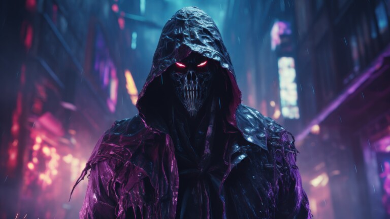Dive into the chilling atmosphere of Halloween with this 4K wallpaper. Featuring a haunting AI-generated Grim Reaper, this image is the perfect choice for your high-resolution desktop background during the spooky holiday season.