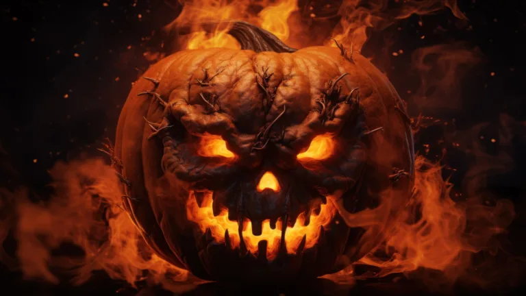 Set the Halloween atmosphere ablaze with this mesmerizing 4K wallpaper. Watch an AI-generated pumpkin catch on fire, making it a perfect choice for your high-resolution desktop background during the spooky holiday season.