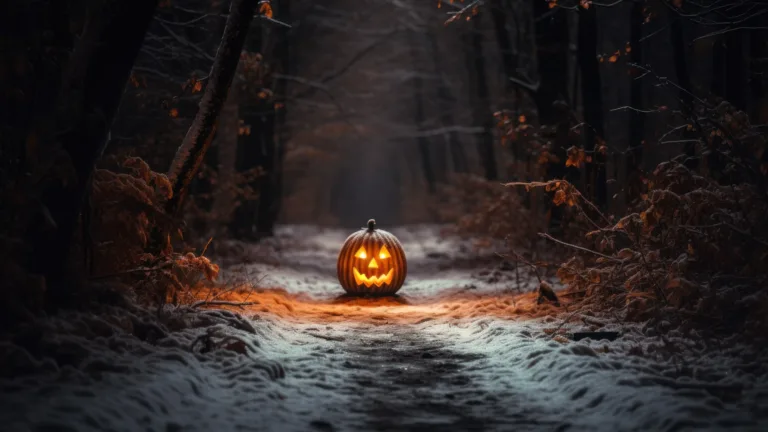 Venture into the spooky Halloween woods with this 4K wallpaper, featuring an AI-generated pumpkin. It's the perfect choice for your high-resolution desktop background during the eerie holiday season.