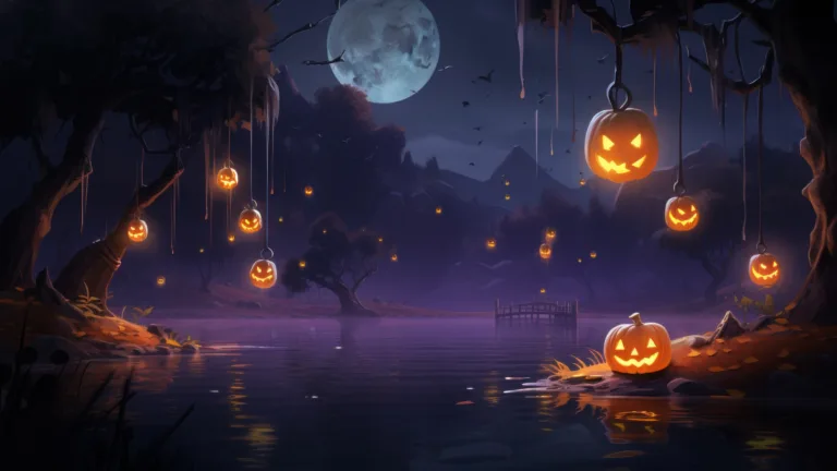 Immerse yourself in the spooky charm of Halloween with this 4K wallpaper, featuring an AI-generated pumpkin-filled lake. It's the perfect choice for your high-resolution desktop background during the eerie holiday season.