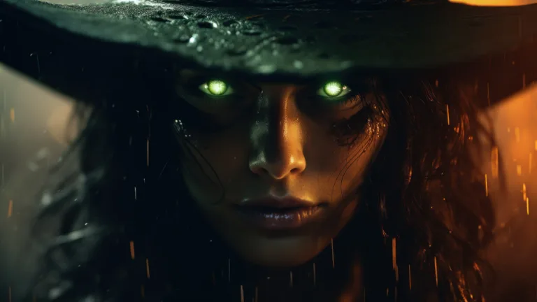 Experience the spooky atmosphere of Halloween with this 4K wallpaper. Featuring a close-up of a green-eyed witch in the rain, created through AI, it's the perfect choice for your high-resolution desktop background during the holiday season.