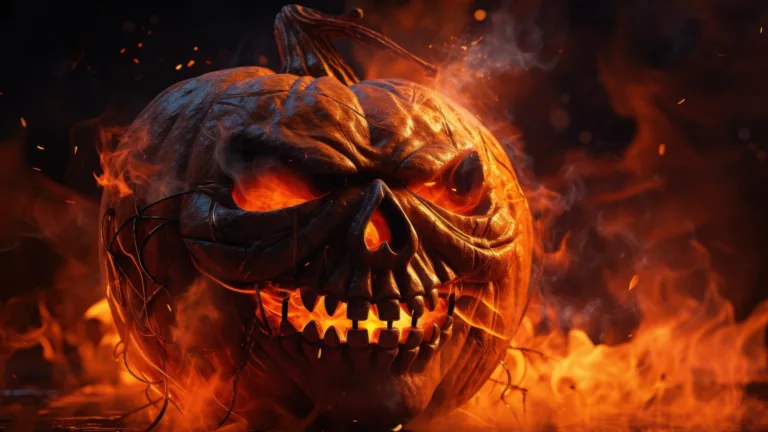 Light up your screen with the spooky Halloween spirit using this 4K wallpaper, featuring an AI-generated, scary pumpkin engulfed in flames. It's a perfect choice for your high-resolution desktop background during the spooky holiday season.