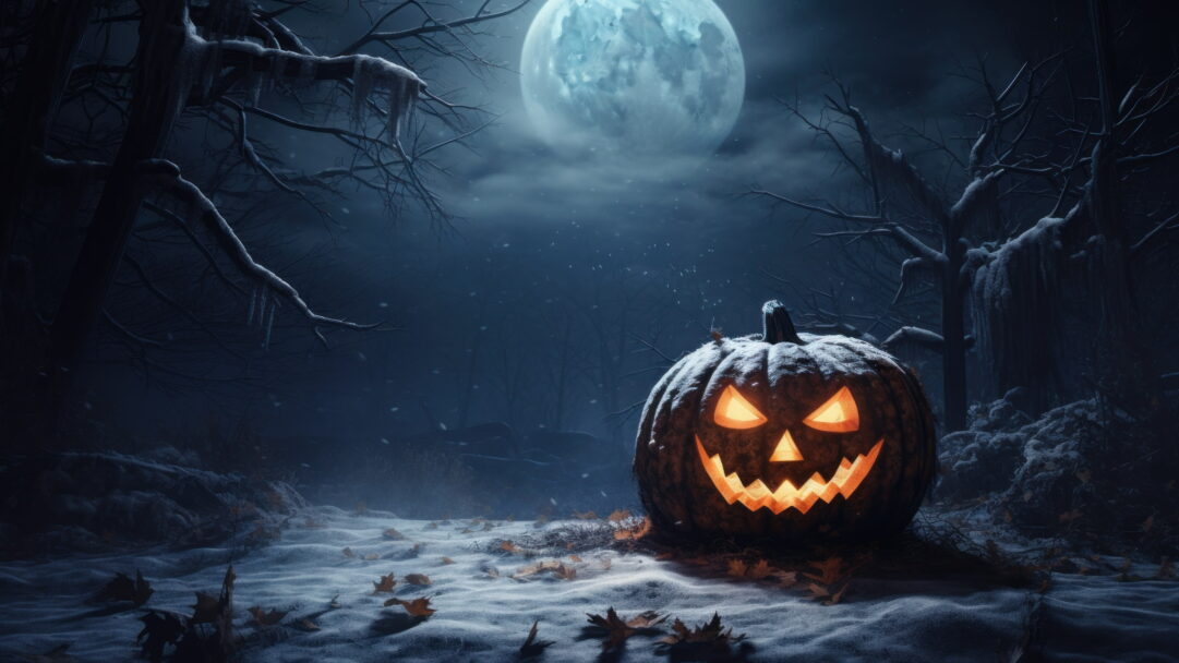 Experience the enchanting winter wonderland of Halloween with this 4K wallpaper, brought to life through AI. It's an ideal choice for your high-resolution desktop background during the snowy and eerie holiday season.