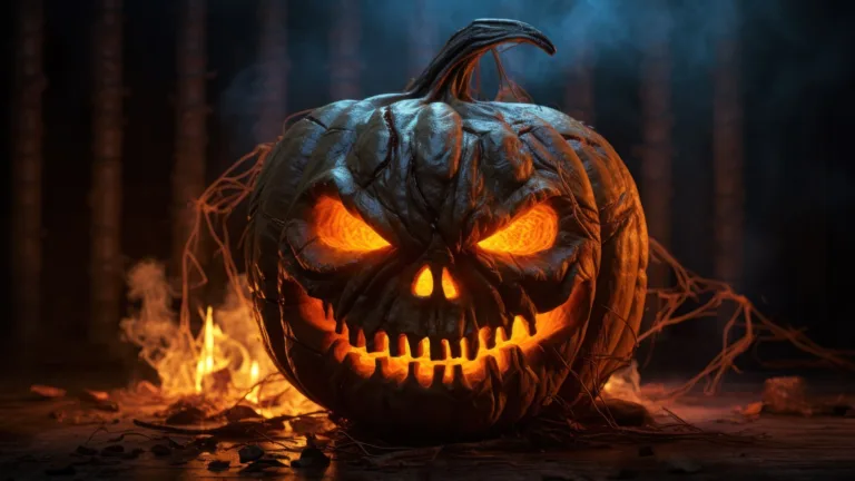 Light up your screen with the spooky Halloween ambiance using this 4K wallpaper, featuring a spooky, AI-generated pumpkin engulfed in flames. It's an ideal choice for your high-resolution desktop background during the eerie holiday season.