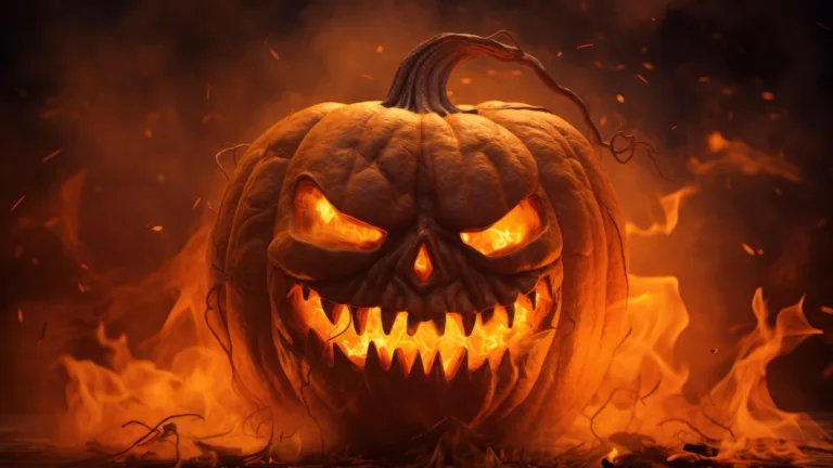 Ignite the spooky Halloween atmosphere with this 4K wallpaper, showcasing a spooky pumpkin on fire, created through AI. It's an ideal choice for your high-resolution desktop background during the eerie holiday season.