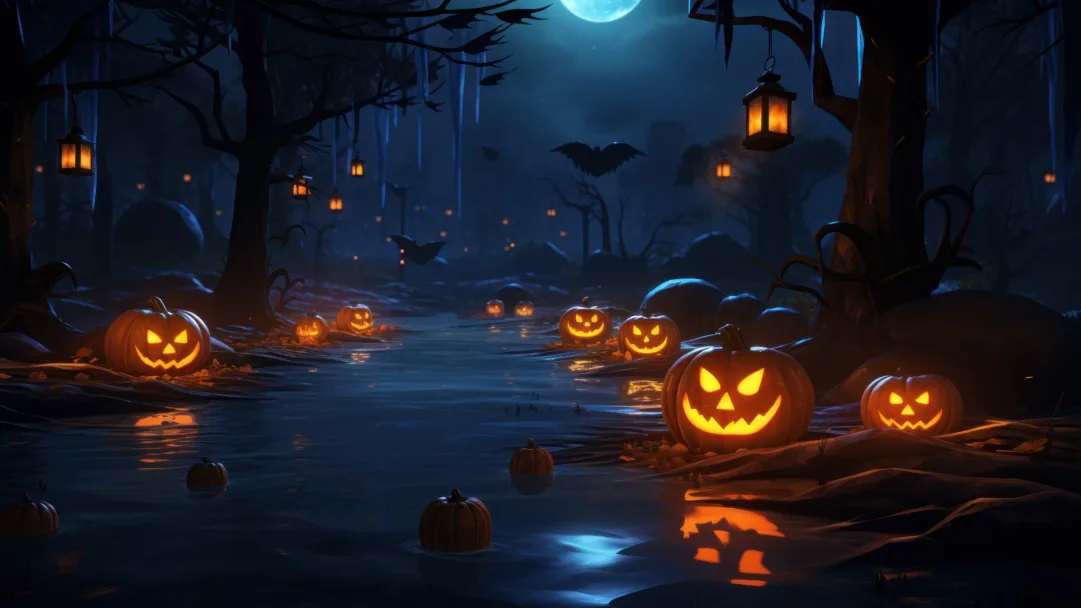 Dive into the spooky ambiance of Halloween with this 4K wallpaper. Featuring an AI-generated eerie pumpkin forest, this image is an ideal choice for your high-resolution desktop background during the holiday season.