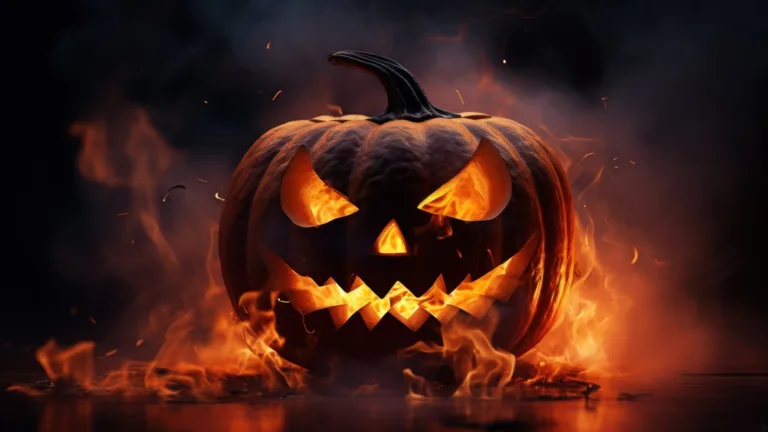 Ignite the spooky Halloween vibe with this 4K wallpaper, showcasing a spooky, AI-generated pumpkin engulfed in flames. It's the perfect choice for your high-resolution desktop background during the eerie holiday season.