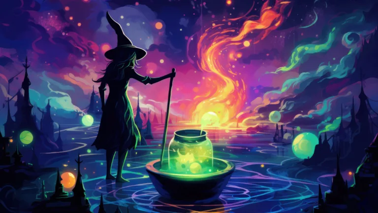 Immerse yourself in the Halloween ambiance with this bewitching 4K wallpaper. Witness a witch conjuring a potion in this AI-generated image, making it an ideal choice for your high-resolution desktop background during the spooky holiday season.