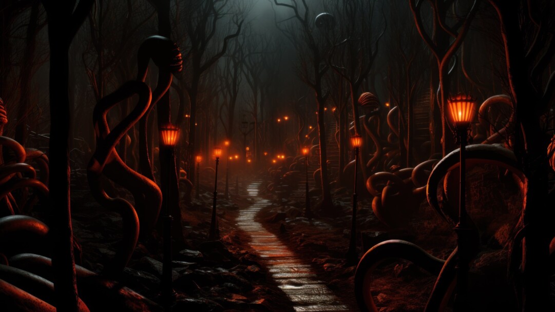 Step into a world of haunting beauty with this 4K wallpaper. Featuring a spooky, AI-generated Halloween forest, this image is an excellent addition to your high-resolution desktop background for the holiday season.