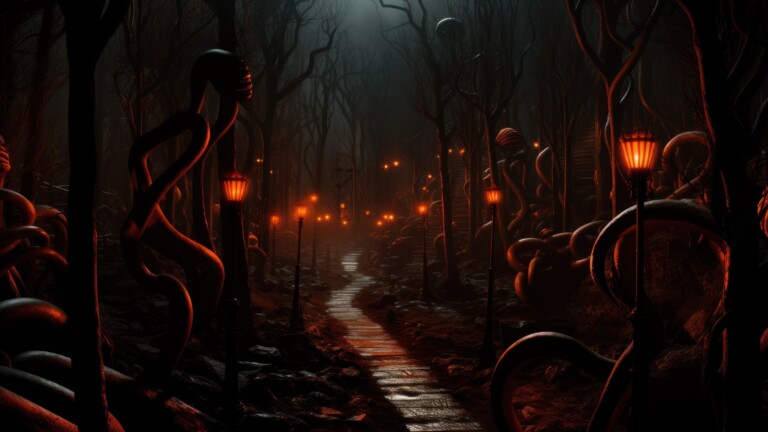 Step into a world of haunting beauty with this 4K wallpaper. Featuring a spooky, AI-generated Halloween forest, this image is an excellent addition to your high-resolution desktop background for the holiday season.