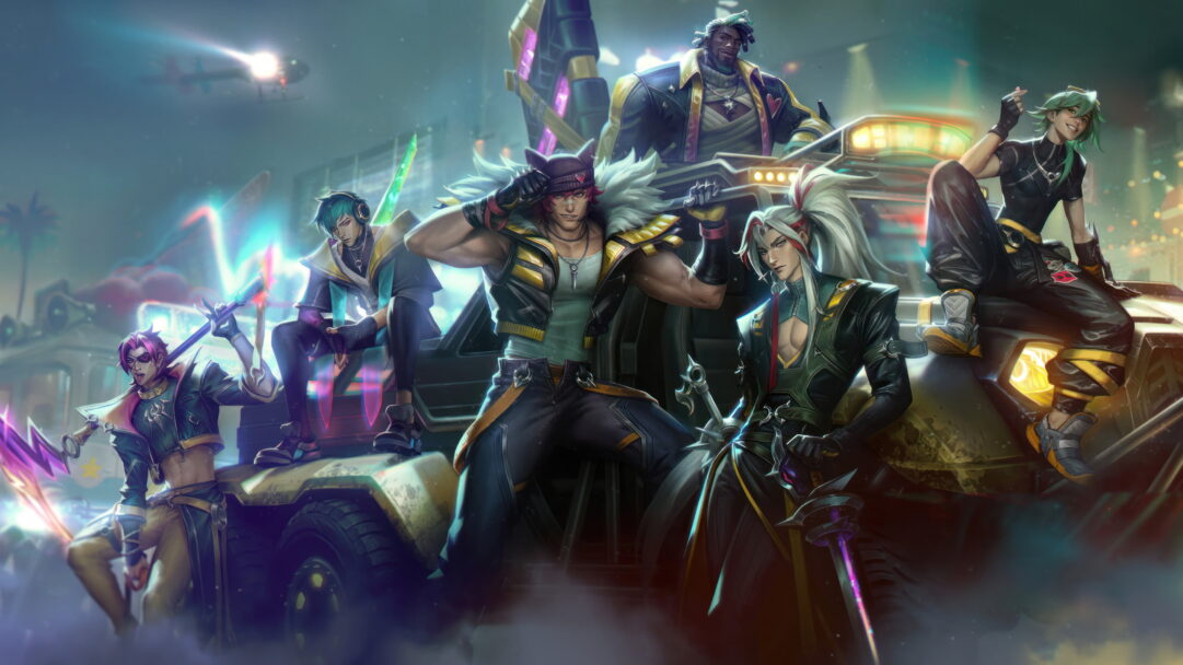 An epic 4K wallpaper showcasing the legendary Heartsteel Yone, Sett, Ezreal, Ksante, Aphelios, and Kayn skins, featuring these formidable champions in the mythical world of League of Legends.