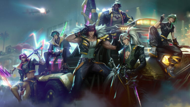 An epic 4K wallpaper showcasing the legendary Heartsteel Yone, Sett, Ezreal, Ksante, Aphelios, and Kayn skins, featuring these formidable champions in the mythical world of League of Legends.