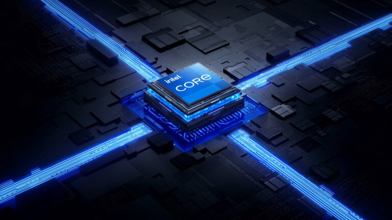 A mesmerizing 4K wallpaper featuring a futuristic Intel processor design. This abstract, high-resolution digital artwork showcases the cutting-edge technology and innovation behind Intel's CPUs. Ideal for tech enthusiasts and computer aficionados looking to adorn their desktop background.