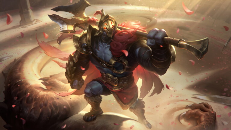 An epic 4K wallpaper showcasing the mighty Jaximus Jax rework skin, featuring Jax, the Grandmaster at Arms, wielding immense power and determination in the thrilling world of League of Legends.