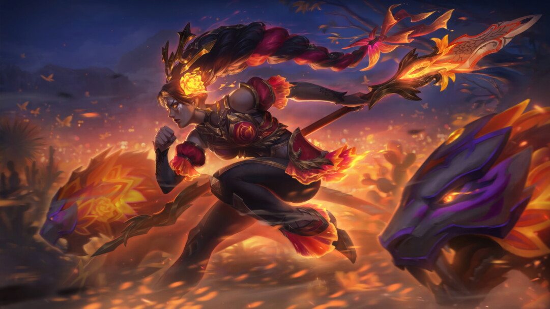 An enchanting 4K wallpaper showcasing the magical La Ilusion Nidalee skin, featuring Nidalee, the Bestial Huntress, immersed in an otherworldly spectacle within the captivating world of League of Legends.