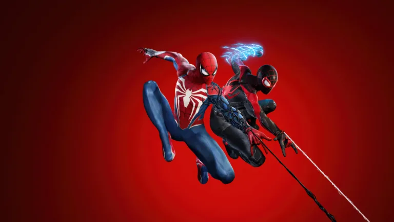 A dynamic 4K wallpaper featuring Miles Morales and Peter Parker from Marvel's Spider-Man 2. Enjoy the high-resolution artwork showcasing these iconic superheroes in a breathtaking action scene. Ideal for your desktop or device background.