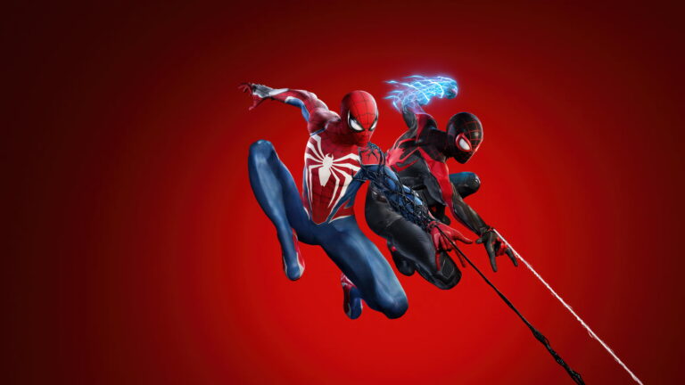 A dynamic 4K wallpaper featuring Miles Morales and Peter Parker from Marvel's Spider-Man 2. Enjoy the high-resolution artwork showcasing these iconic superheroes in a breathtaking action scene. Ideal for your desktop or device background.