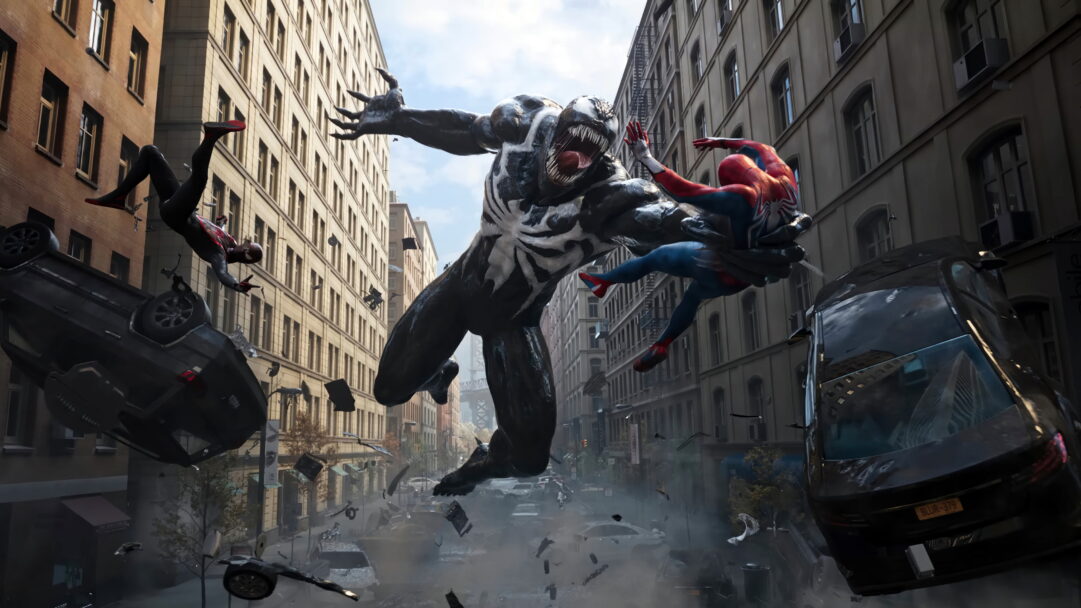 A riveting 4K wallpaper featuring Spider-Man and Venom from Marvel's Spider-Man 2, capturing an intense battle between hero and villain in stunning high resolution. Ideal for your desktop or device background.