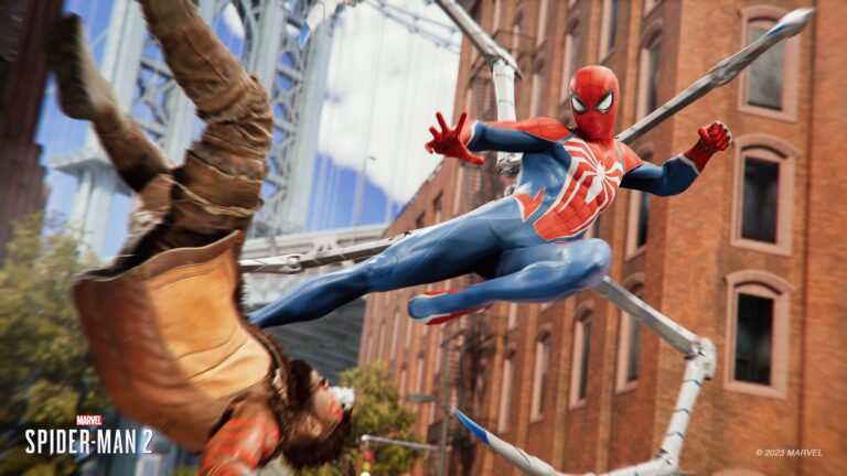 A dynamic 4K wallpaper featuring Peter Parker in action from Marvel's Spider-Man 2, a thrilling video game adaptation. Experience the high-resolution excitement of this beloved superhero character. Ideal for your wallpaper or screen background.