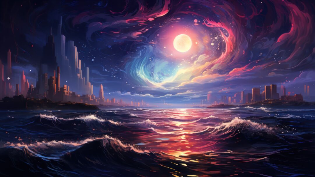 A mesmerizing 4K wallpaper created by AI, featuring a futuristic interpretation of a moonlit sea with neon waves. This digital masterpiece captures the essence of a cyberpunk night, offering a burst of vibrant colors and technology-inspired aesthetics, making it a perfect choice for your screensaver or background.