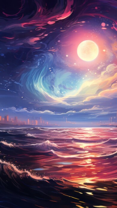 A mesmerizing 4K wallpaper created by AI, featuring a futuristic interpretation of a moonlit sea with neon waves. This digital masterpiece captures the essence of a cyberpunk night, offering a burst of vibrant colors and technology-inspired aesthetics, making it a perfect choice for your screensaver or background.