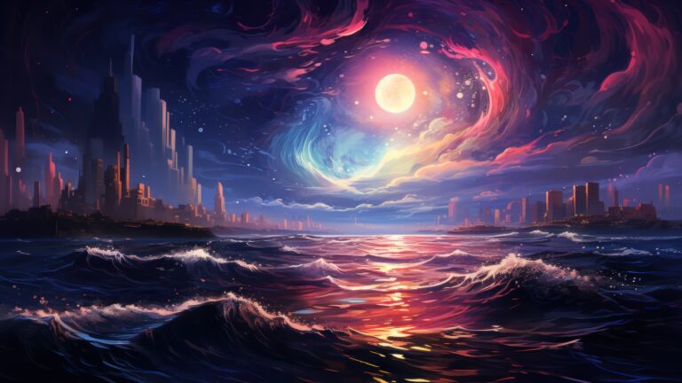 A mesmerizing 4K wallpaper created by AI, featuring a futuristic interpretation of a moonlit sea with neon waves. This digital masterpiece captures the essence of a cyberpunk night, offering a burst of vibrant colors and technology-inspired aesthetics, making it a perfect choice for your screensaver or background.