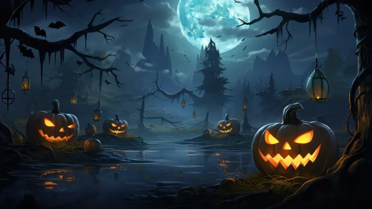 Immerse yourself in the mysterious nighttime Halloween ambiance with this captivating 4K wallpaper, brought to life through AI. It's the perfect choice for your high-resolution desktop background during the eerie holiday season.