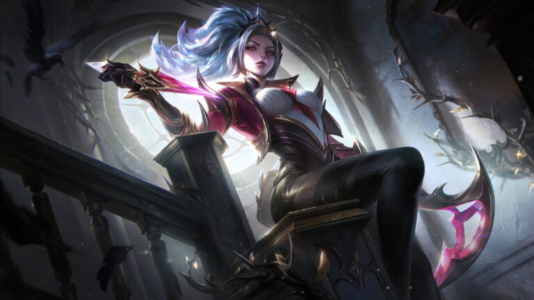 An exquisite 4K wallpaper showcasing the prestigious Prestige Coven Akali skin, featuring Akali, the Rogue Assassin, adorned in opulent regalia within the mystical realm of League of Legends.