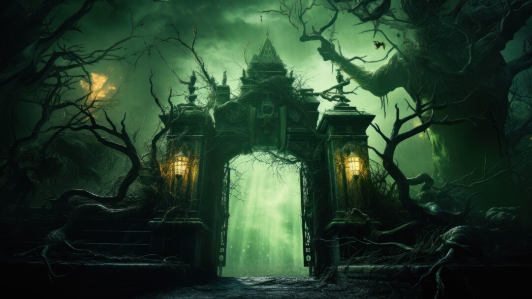 Step into the realm of spine-chilling Halloween with this 4K wallpaper. Featuring an AI-generated scene of a scary forest gate, it's an ideal choice for your high-resolution desktop background during the spooky holiday season.