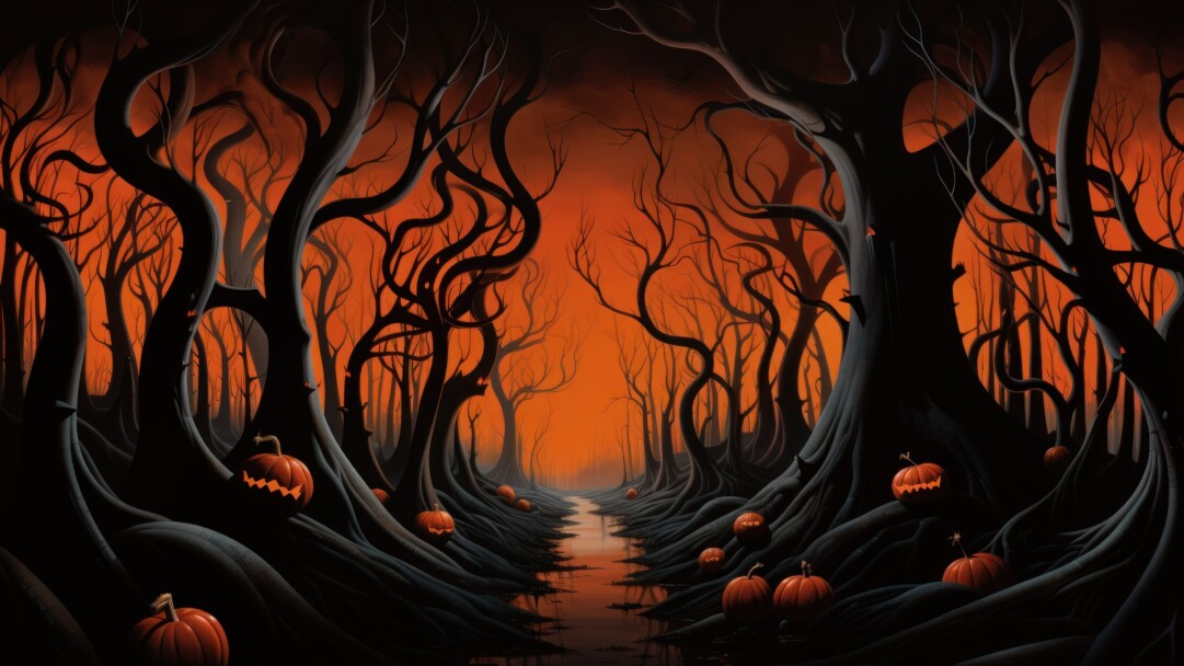 Dive into the eerie atmosphere of Halloween with this captivating 4K wallpaper. Featuring a forest filled with AI-generated spooky pumpkins, this image is the perfect choice for your high-resolution desktop background during the holiday season.
