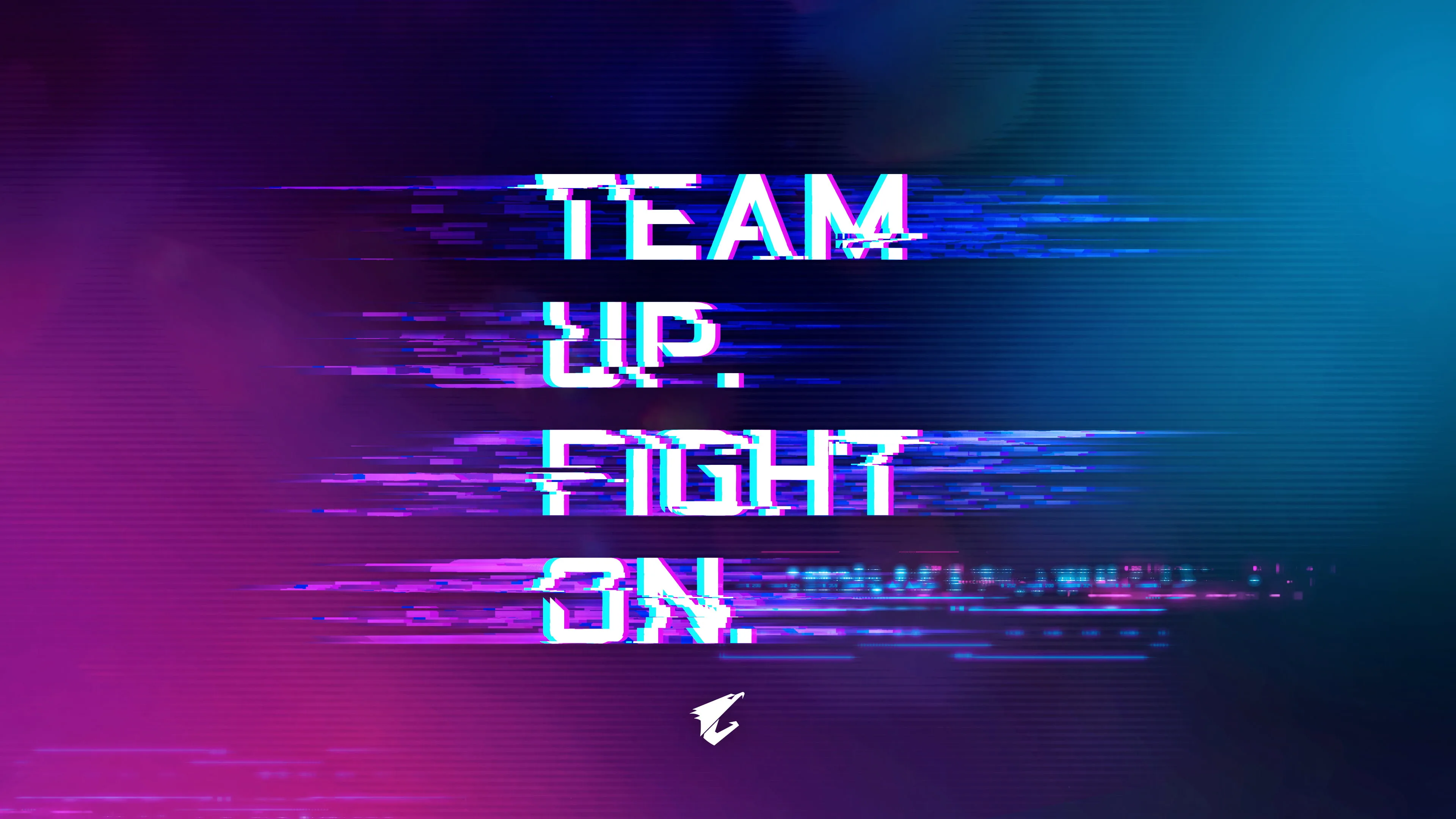 Gear up for epic gaming adventures with this striking Team Up Fight On Glitch Background 4K wallpaper. This digital art piece is perfect for gamers and teams looking to inspire teamwork and motivation with a dynamic desktop background featuring glitch aesthetics and a rallying message.