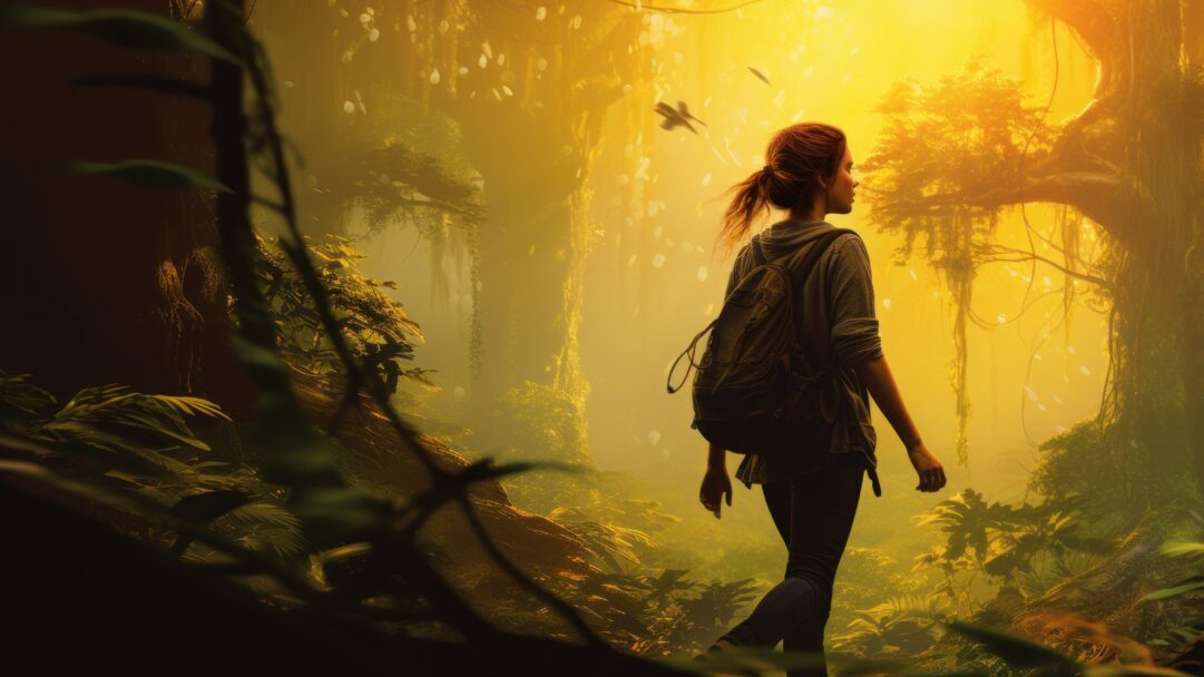 Embark on a visual adventure with this AI-generated 4K wallpaper portraying a wanderer exploring the depths of a lush forest. Ideal for high-resolution displays, it captures the essence of an adventurous journey through nature's beauty.