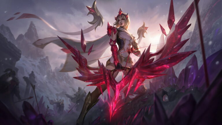 A mesmerizing 4K wallpaper featuring the Crystalis Motus Ashe skin from League of Legends. Revel in the high-resolution beauty of this stunning skin, perfect for admirers of Ashe's elegance and the intricate design details found in this iconic League of Legends character.