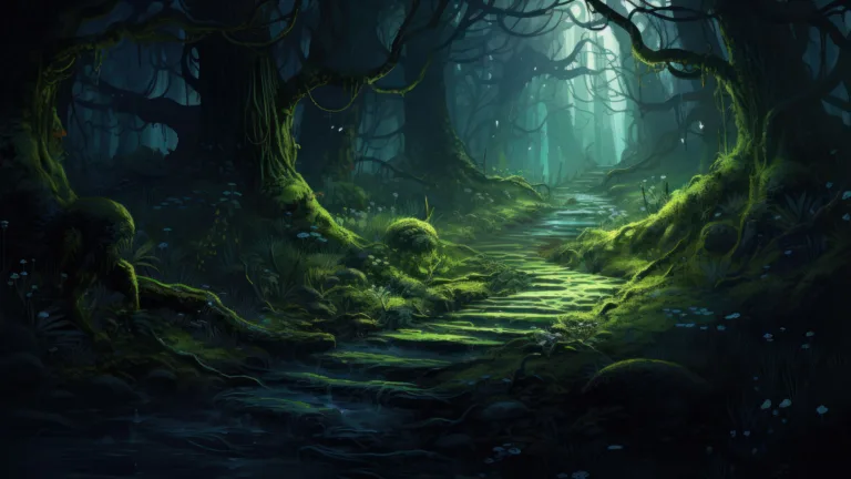 Explore the enigmatic allure of a dark and mysterious forest in this AI-generated 4K wallpaper. Ideal for high-resolution displays, it captures the eerie ambiance of an enigmatic woodland.