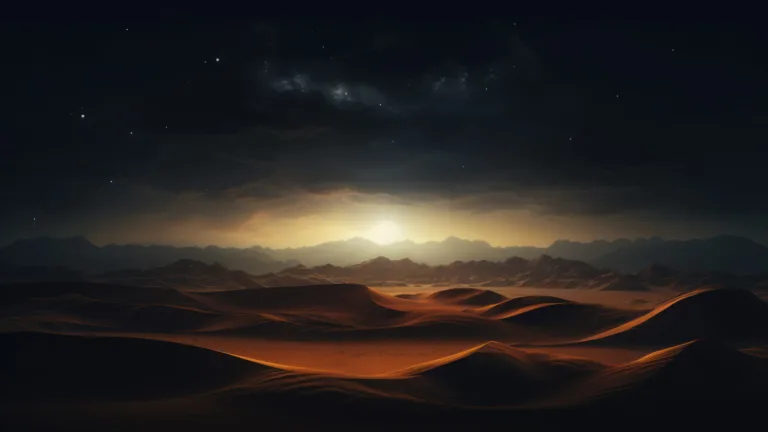 Experience the enchantment of a desert landscape at night with this AI-generated 4K wallpaper showcasing sand dunes under the moonlit sky. Perfect for high-resolution displays, it captures the serene beauty of the desert scenery during nighttime.