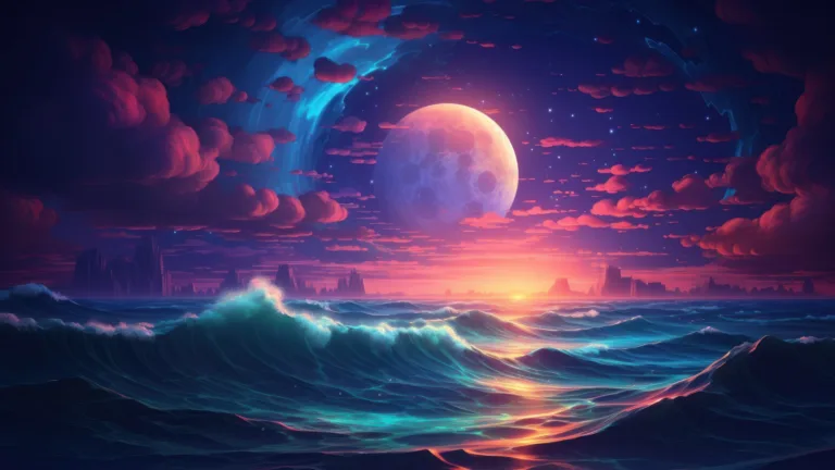 Experience the enchantment of a dreamy and colorful ocean illuminated by moonlight in this AI-generated 4K wallpaper. Perfect for high-resolution displays, it captures the serene beauty of the sea under the magical moonlit sky.