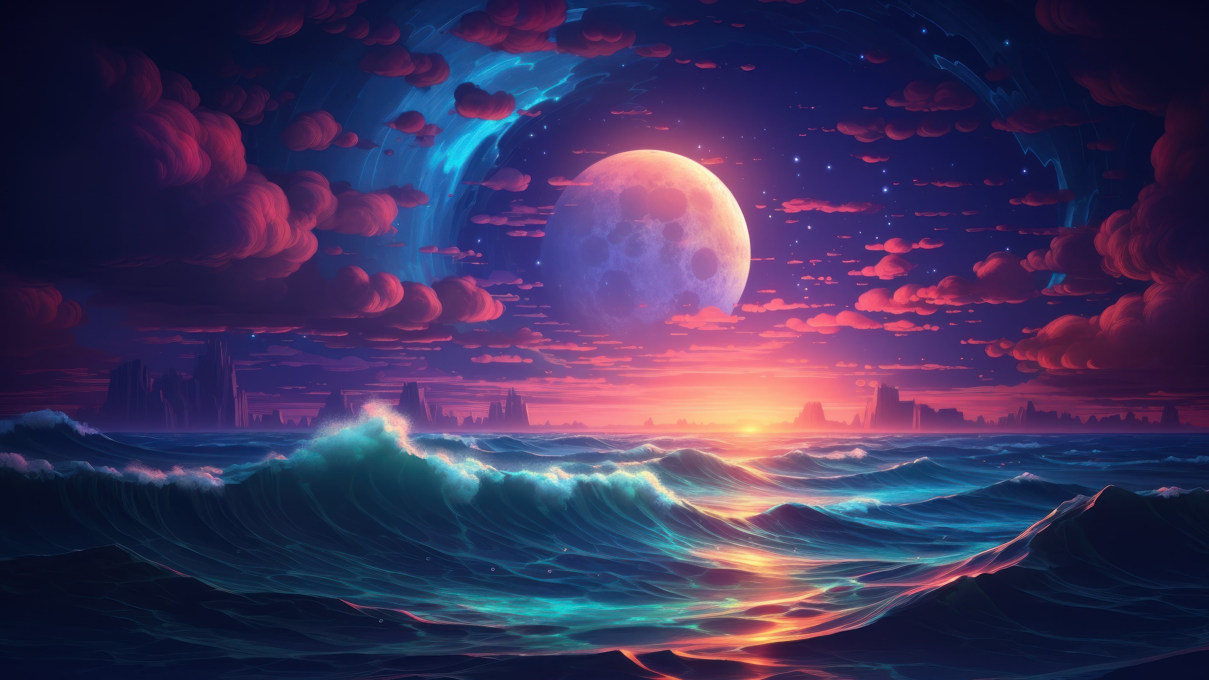 PC Wallpaper 4K - Enchanting Ocean Sunset: A Colorful Fantasy