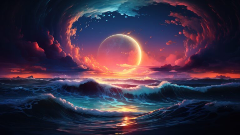 Immerse yourself in the tranquility of dreamy moonlit ocean waves in this AI-generated 4K wallpaper. Perfect for high-resolution displays, it captures the serene beauty of the ocean under the magical moonlight.