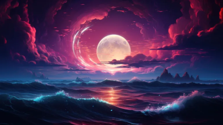 Transport yourself to a surreal world with this dreamy neon moonlit horizon in an AI-generated 4K wallpaper. Perfect for high-resolution displays, capturing a serene and surreal vista.