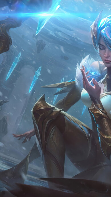 A spectacular 4K wallpaper showcasing the elegance of the Frostblade Irelia Golden Chroma skin, portraying Irelia, the Blade Dancer, with an icy yet golden allure set within the immersive universe of League of Legends.