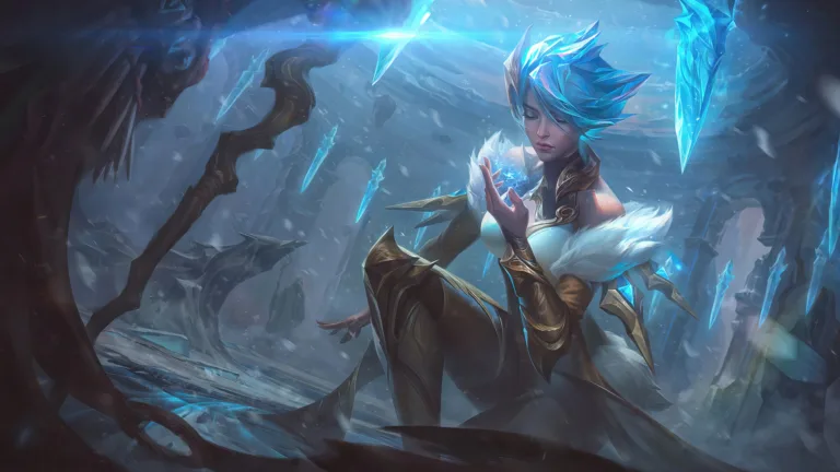A spectacular 4K wallpaper showcasing the elegance of the Frostblade Irelia Golden Chroma skin, portraying Irelia, the Blade Dancer, with an icy yet golden allure set within the immersive universe of League of Legends.