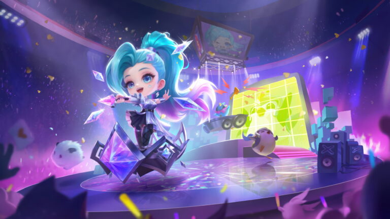 A dazzling 4K wallpaper featuring the glamorous K/DA All Out Superstar Seraphine skin, showcasing Seraphine, the Starry-Eyed Songstress, in a mesmerizing display of pop-star elegance within the vibrant world of League of Legends.