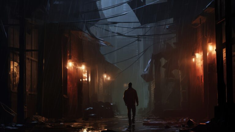 Experience the captivating mood of an AI-generated rainy urban scene in this 4K wallpaper. It depicts a solitary atmosphere in an abandoned street under rainfall, suitable for high-resolution displays.